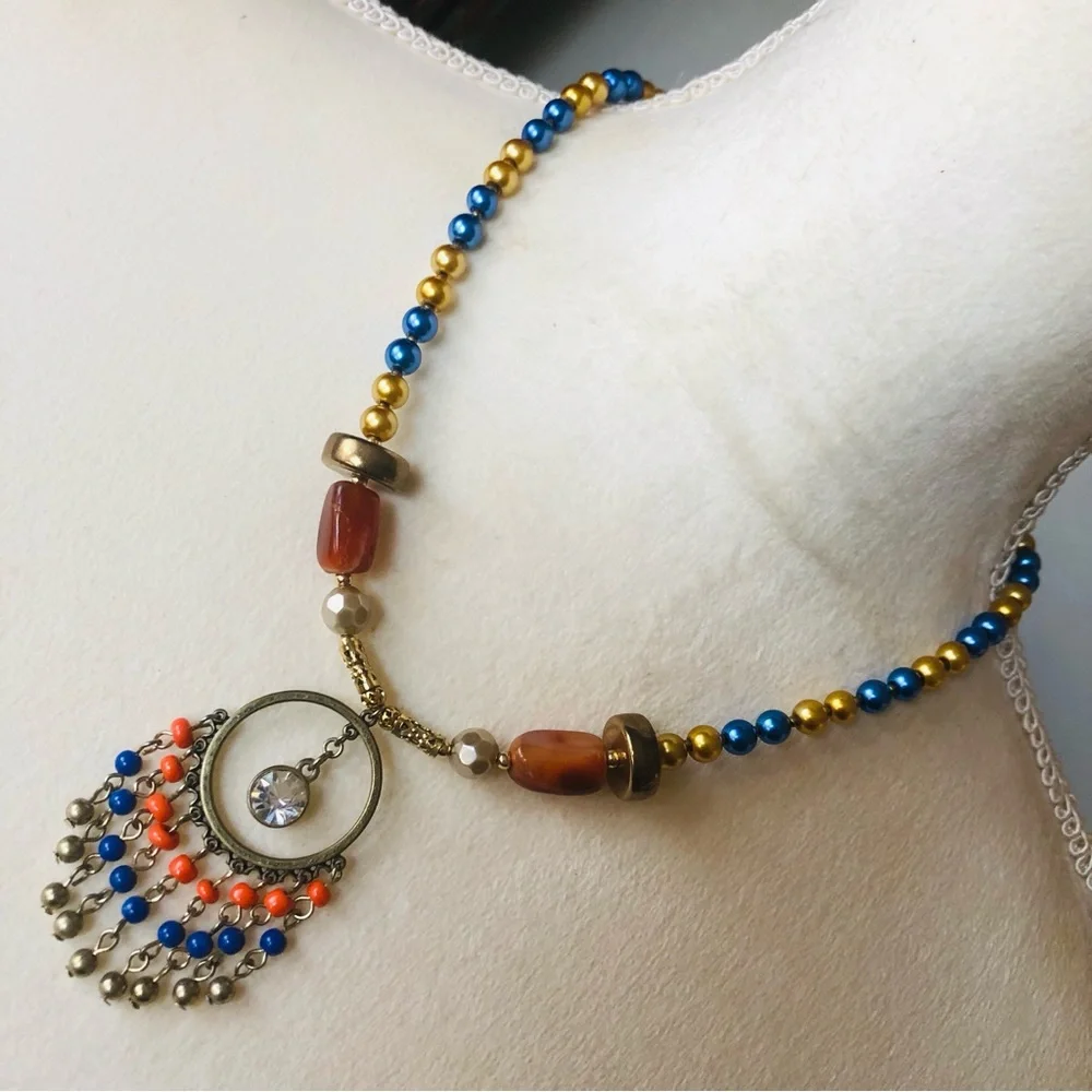 Handcrafted repurpose glass bead fringe pendant Czech glass Pearl necklace